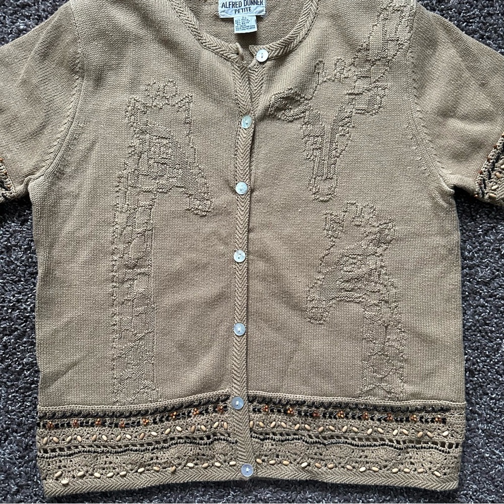 Vintage Alfred Dunner Giraffe Inspired Tan Sweater Beaded Retro Size P Small - Picture 3 of 9